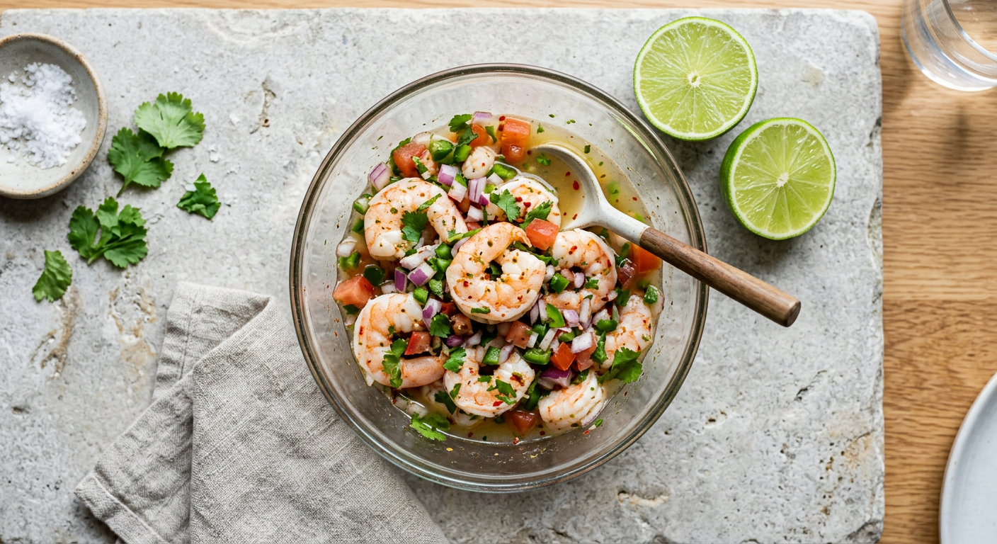 Ceviche de pescado blanco con cebolla morada y cilantro en un plato hondo