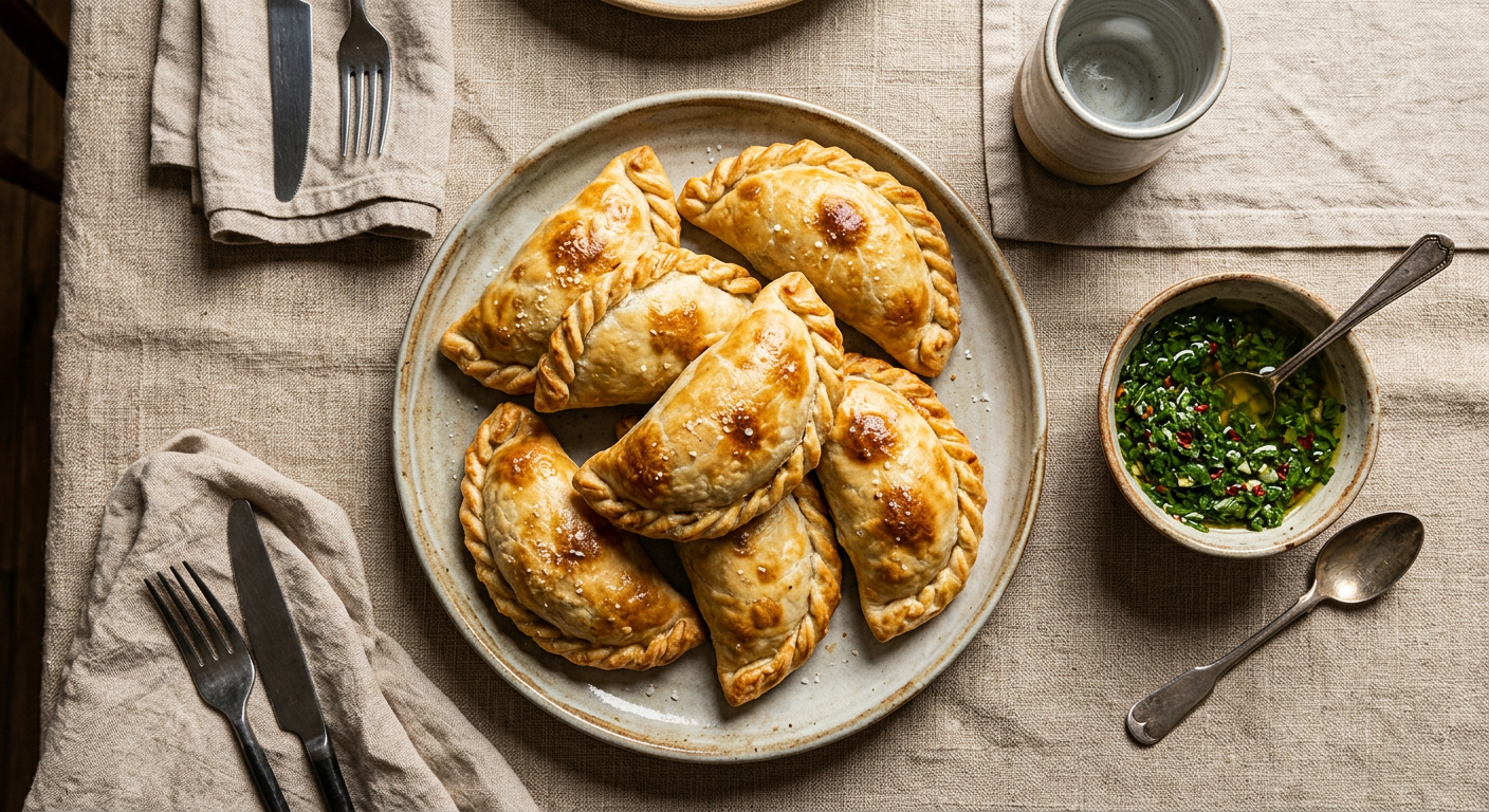 Empanadas doradas recién horneadas sobre una bandeja de madera