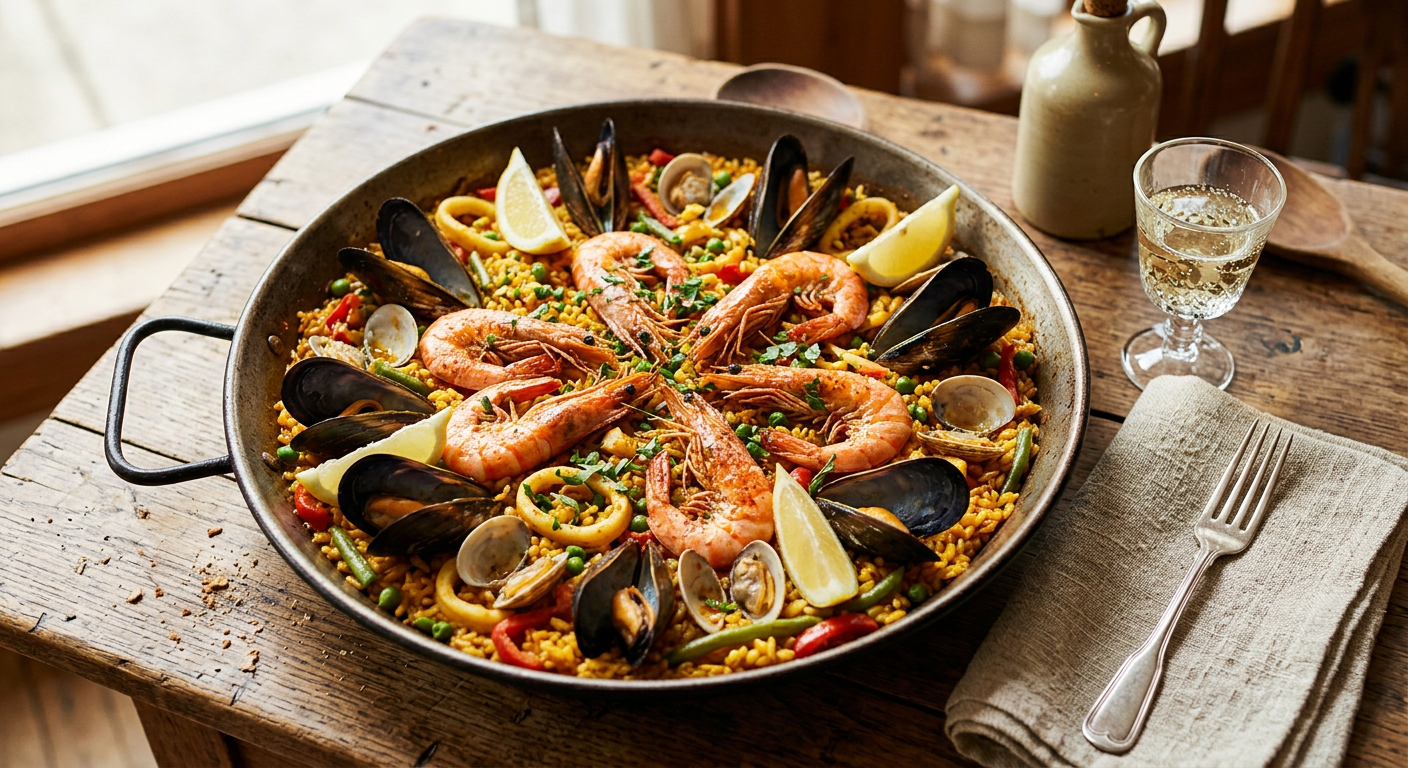 Paella de marisco en una paellera, recién salida del fuego