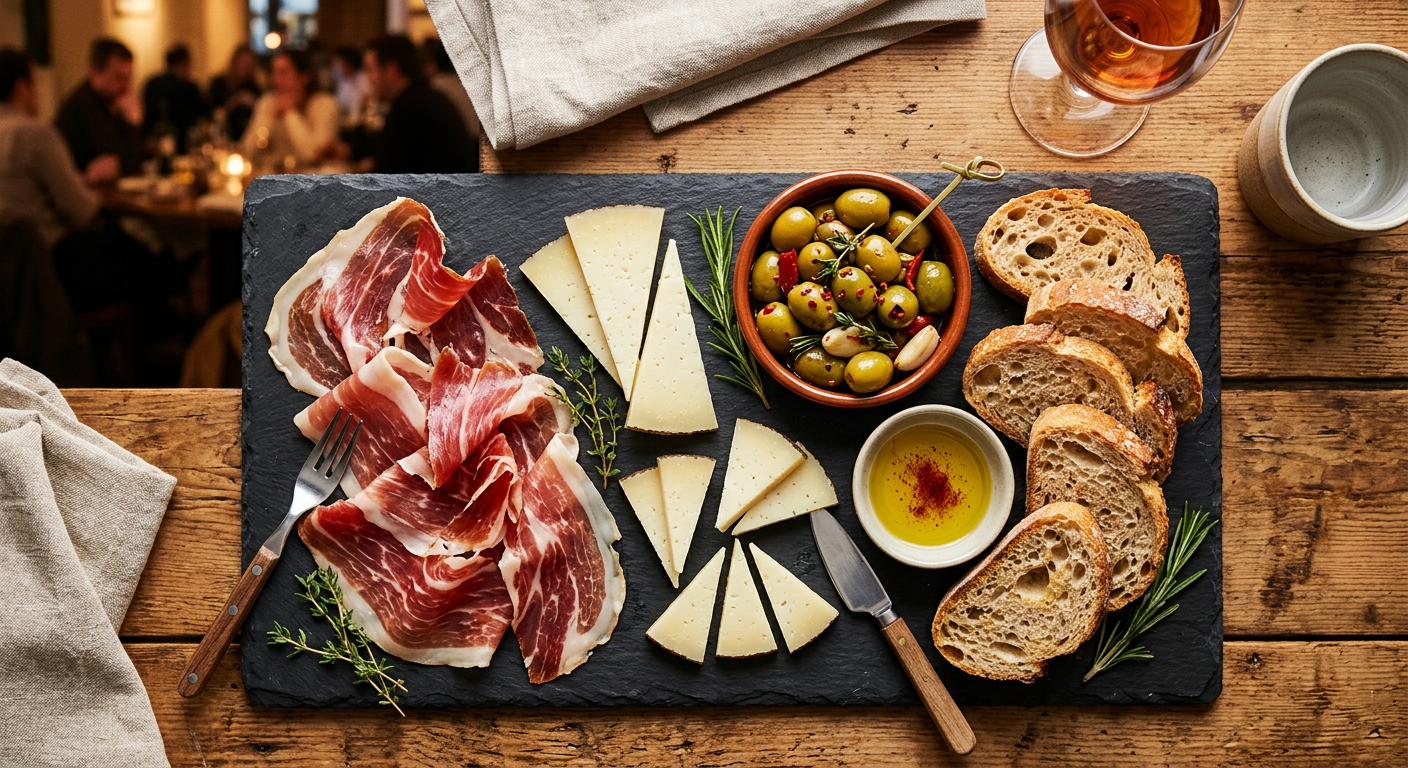 Tabla de tapas variadas con jamón, queso, aceitunas y pan